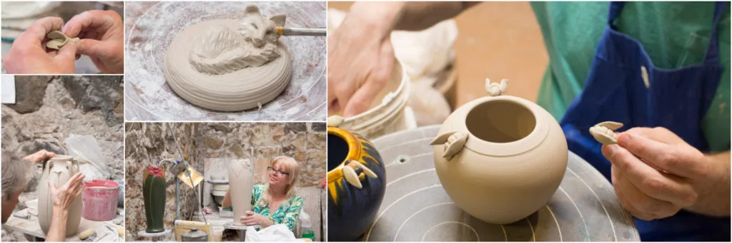 Hand-sculpting decorative elements on pottery